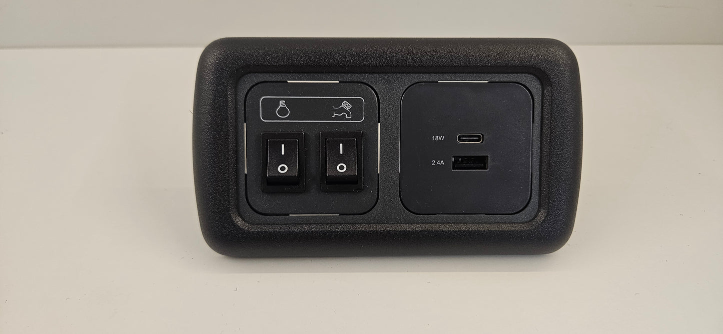 CBE double light & water pump switch + USB A & C socket kit (silver or black)