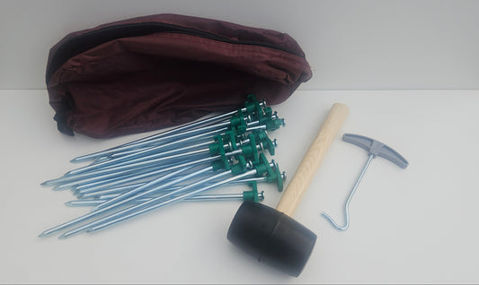 Tent peg, mallet, peg puller and bag camping kit