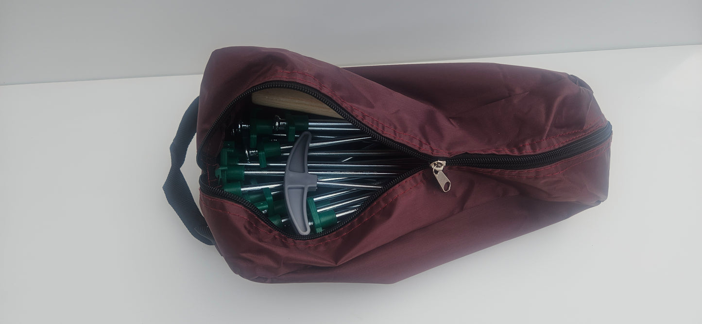 Tent peg, mallet, peg puller and bag camping kit