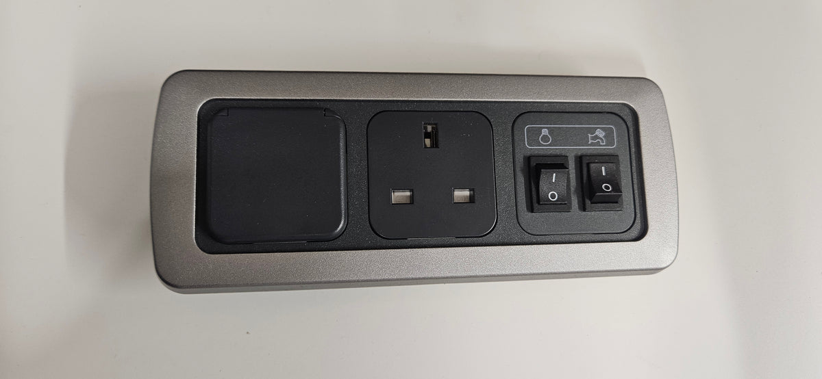 CBE C-Line triple. 230v socket + 12V outlet + light & water pump switch (silver or black)