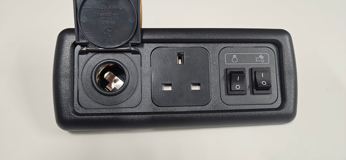CBE C-Line triple. 230v socket + 12V outlet + light & water pump switch (silver or black)