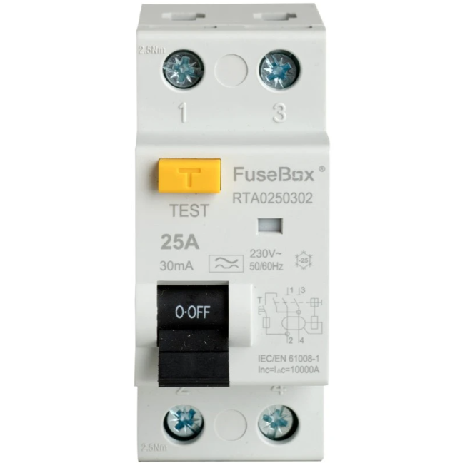 FuseBox RTA250302 25A A Rated Double Pole RCD 30mA