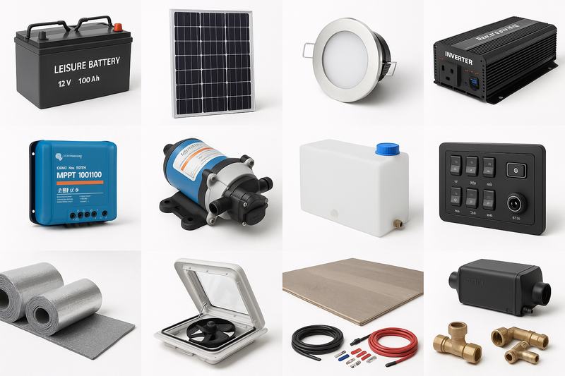 make a collage of campervan conversion parts using high quality parts