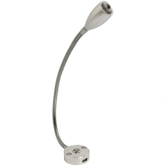 Long neck silver LED reading flexi light (touch dimmable. Includes USB port)